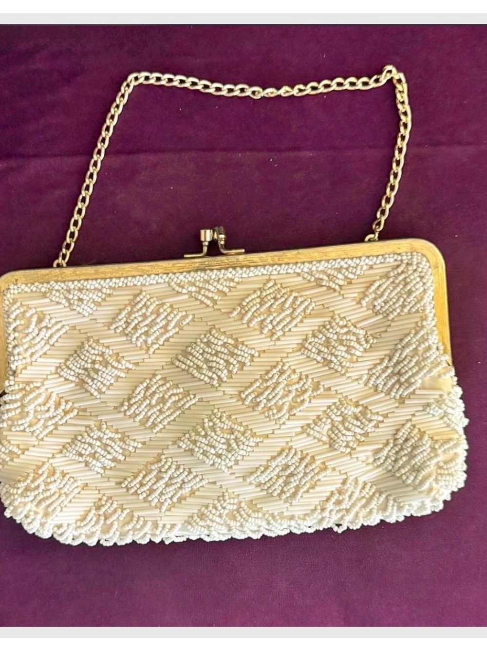 Vintage Walborg Ivory Beaded Evening Clutch with Gold Chain Strap